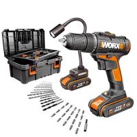 Комплект аккумуляторных инструментов WORX WX977: дрель-шуруповерт WX101.9 + фонарь настольный WX028.9, с АКБ на 1,5 Ач и ЗУ в 0,4А, набор оснастки (35 шт), в ящике